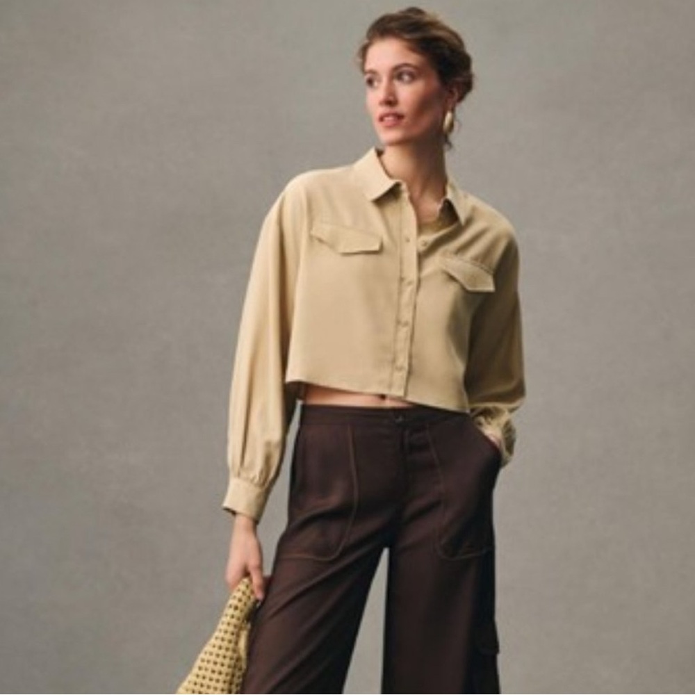 MAEVE Beige Cropped Button-Up Shirt